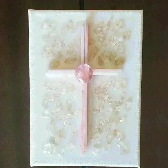 Pink Stained Glass Cross and Crushed Glass Resin Art on Canvas - Picture 3 of 4